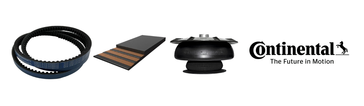 Continental raw-edge cogged V-belt, a multi-ply conveyor belt section, and a rolling-lobe air spring, alongside the black Continental logo with the tagline The Future in Motion